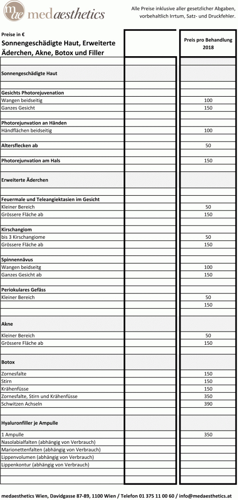 Preise Therapien 2018 medaesthetics Wien